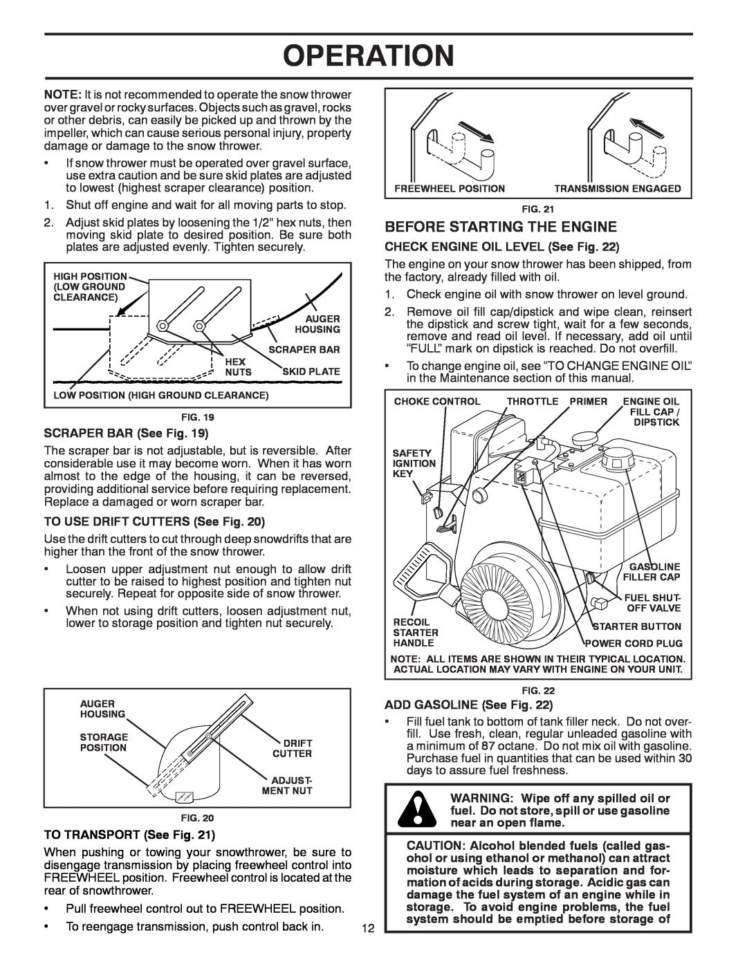 Poulan 416751, 96198000901 Before Starting The Engine, Operation, CHECK ENGINE OIL LEVEL See Fig, SCRAPER BAR See Fig 