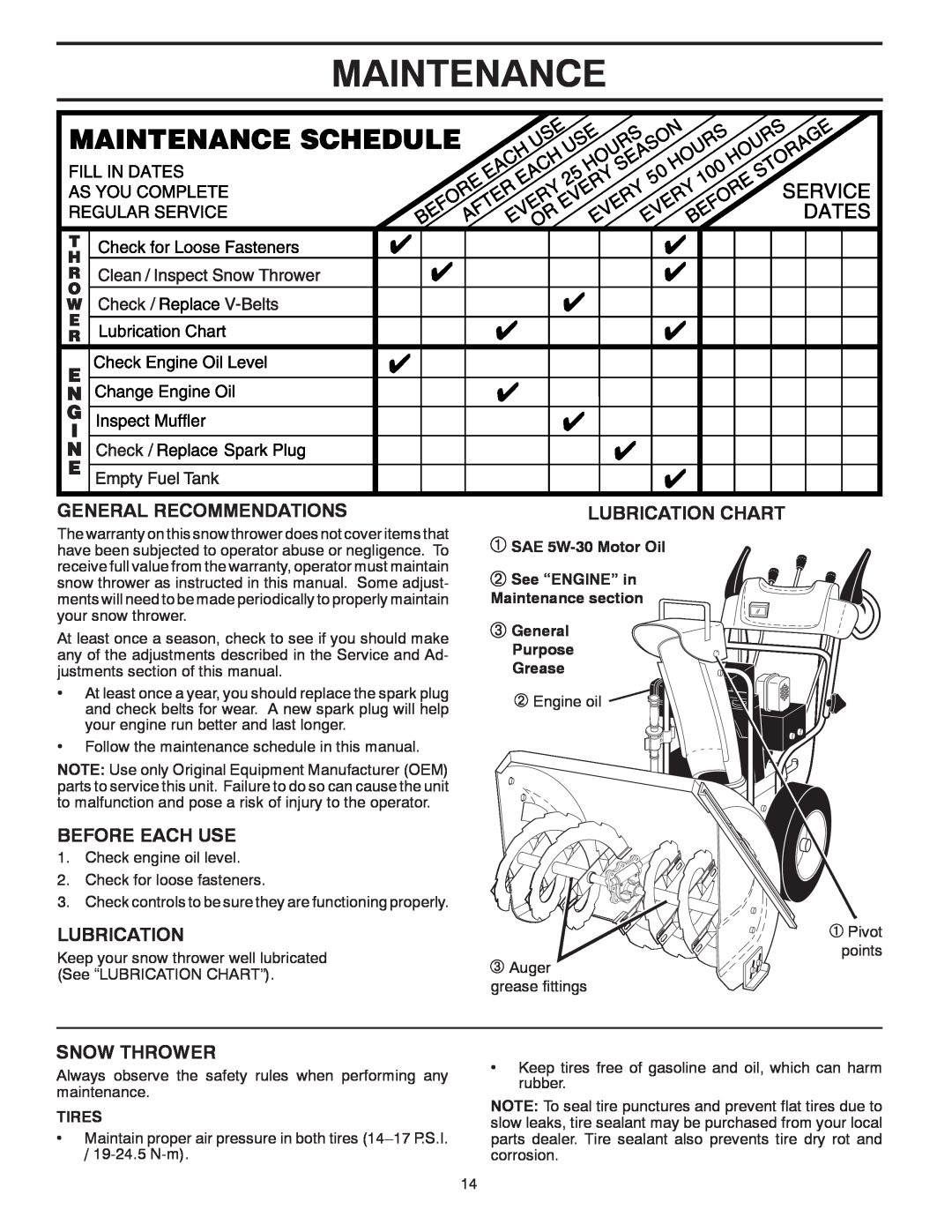 Poulan PP13TEPH30 Maintenance, General Recommendations, Before Each Use, Lubrication Chart, Snow Thrower, Tires 