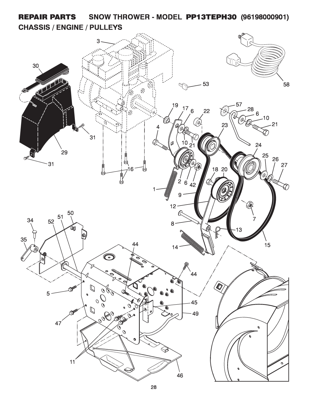 Poulan 416751, 96198000901, PP12TEPH30 owner manual Chassis / Engine / Pulleys, REPAIR PARTS SNOW THROWER - MODEL PP13TEPH30 