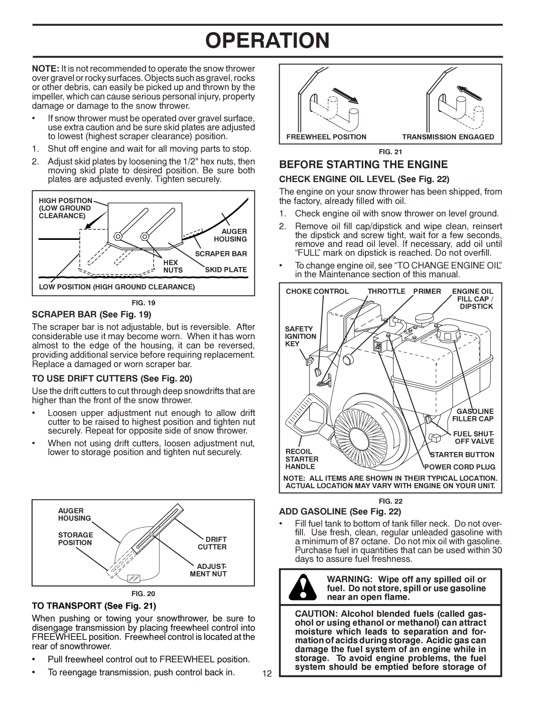 Poulan 416751 Before Starting the Engine, Check Engine OIL Level See Fig, Scraper BAR See Fig, ADD Gasoline See Fig 