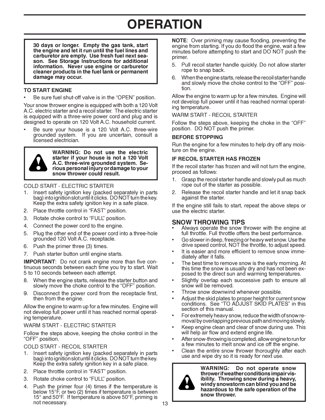 Poulan 96198000901, 416751, PP13TEPH30 Snow Throwing Tips, To Start Engine, Before Stopping, If Recoil Starter has Frozen 