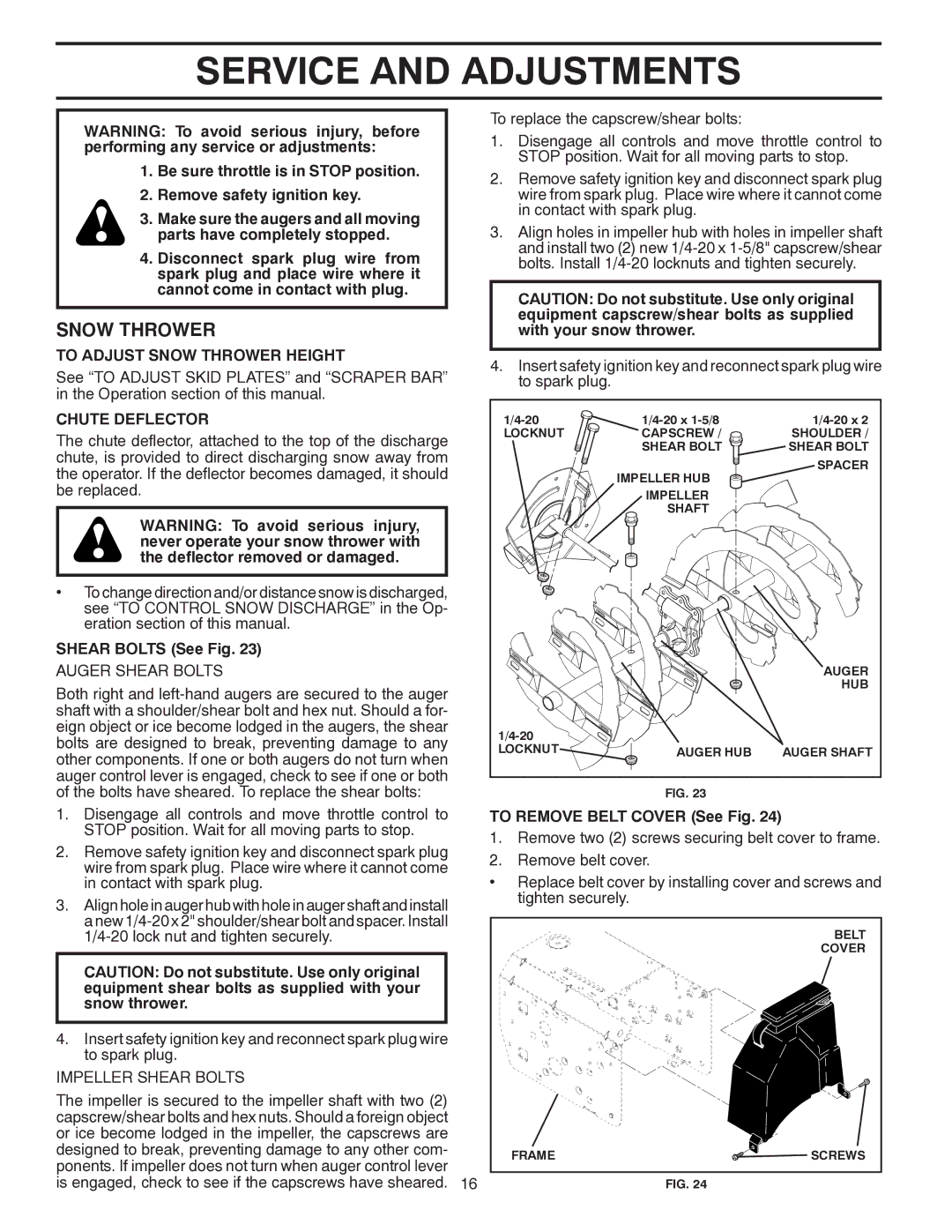 Poulan 416751, 96198000901 Service and Adjustments, To Adjust Snow Thrower Height, Chute Deflector, Shear Bolts See Fig 