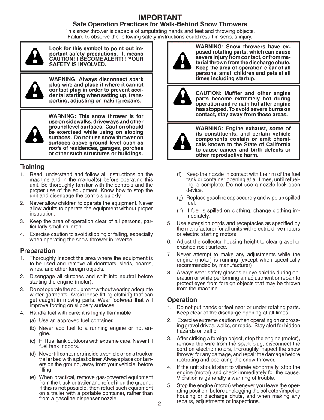 Poulan PP13TEPH30, 416751, 96198000901, PP12TEPH30 owner manual Safe Operation Practices for Walk-Behind Snow Throwers 