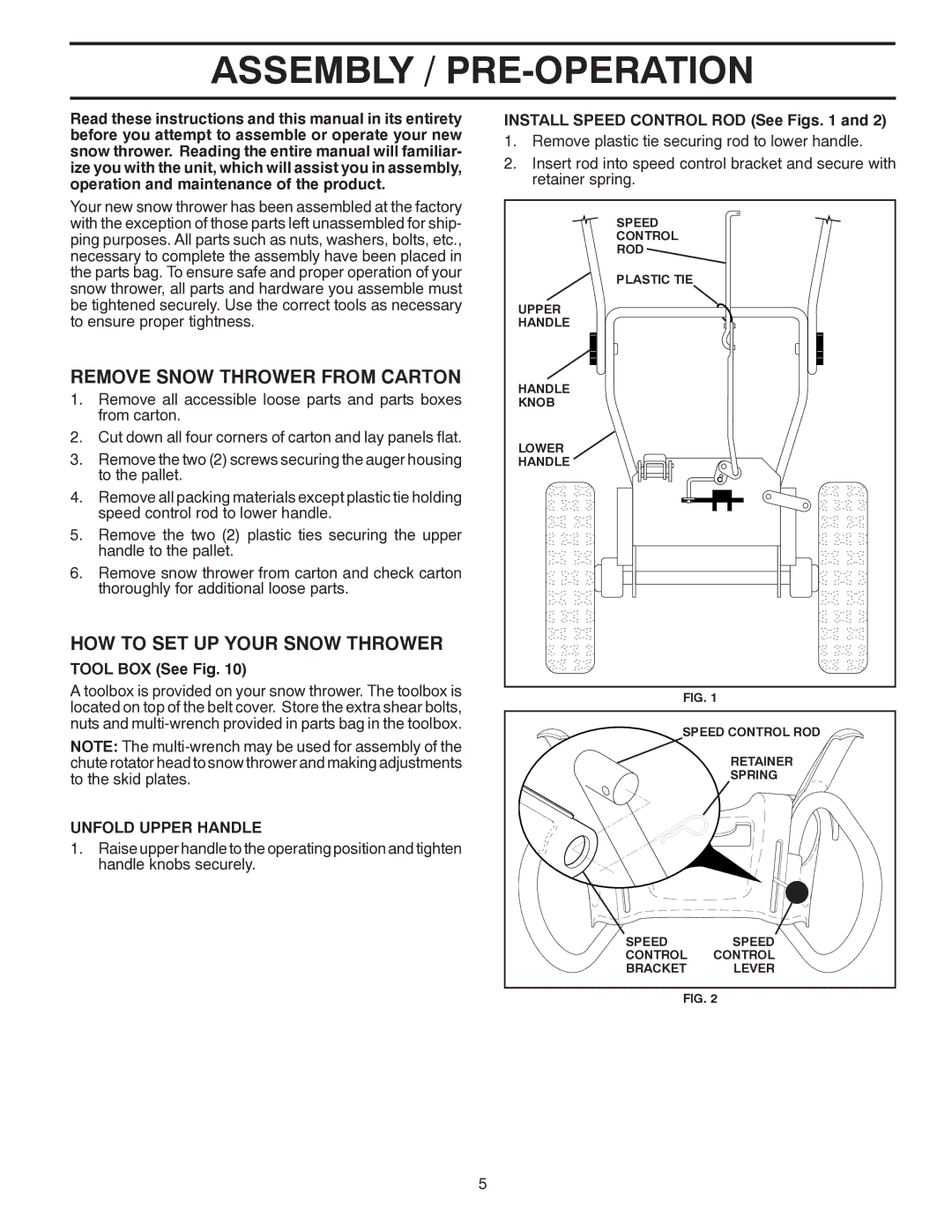 Poulan 96198000901, 416751 Assembly / PRE-OPERATION, Remove Snow Thrower from Carton, HOW to SET UP Your Snow Thrower 