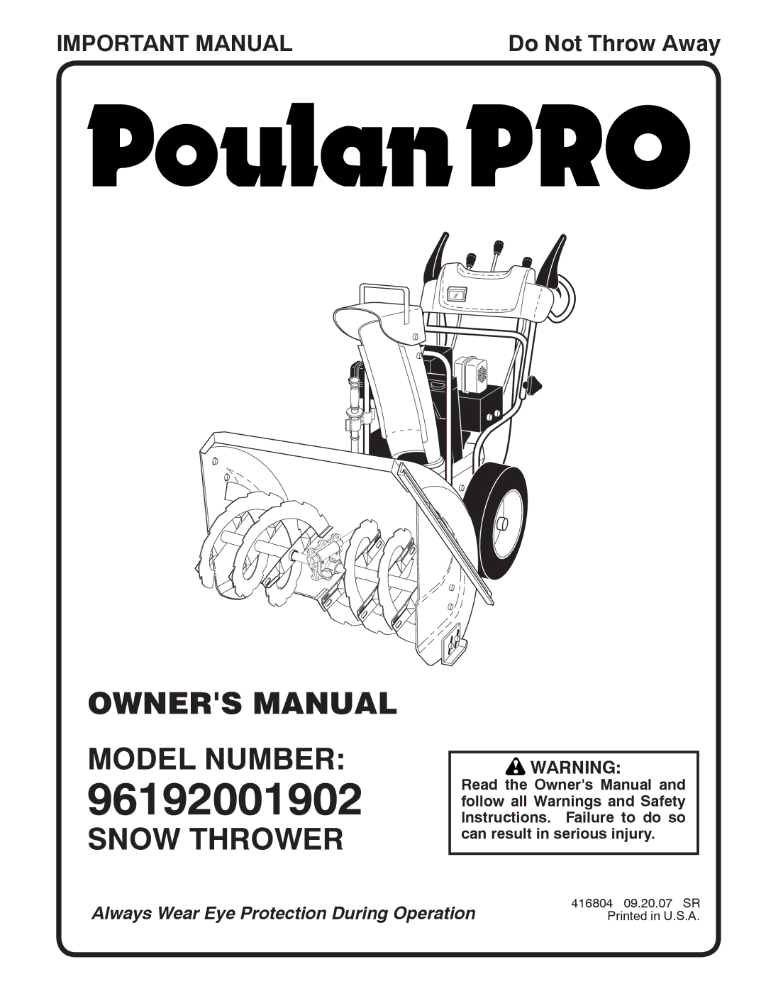 Poulan 416804 owner manual Model Number, Snow Thrower 