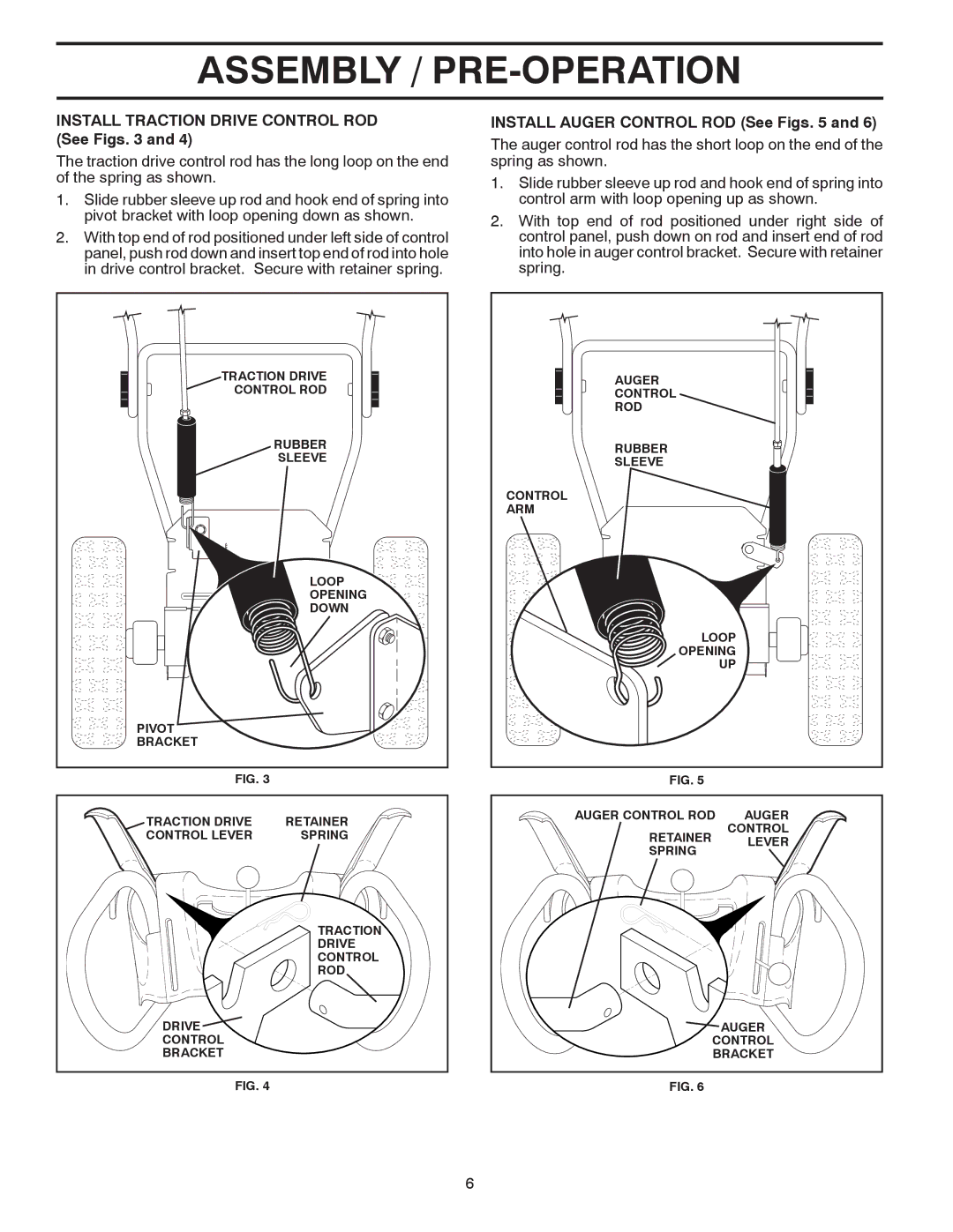 Poulan 416804 owner manual Install Traction Drive Control ROD See Figs, Install Auger Control ROD See Figs 