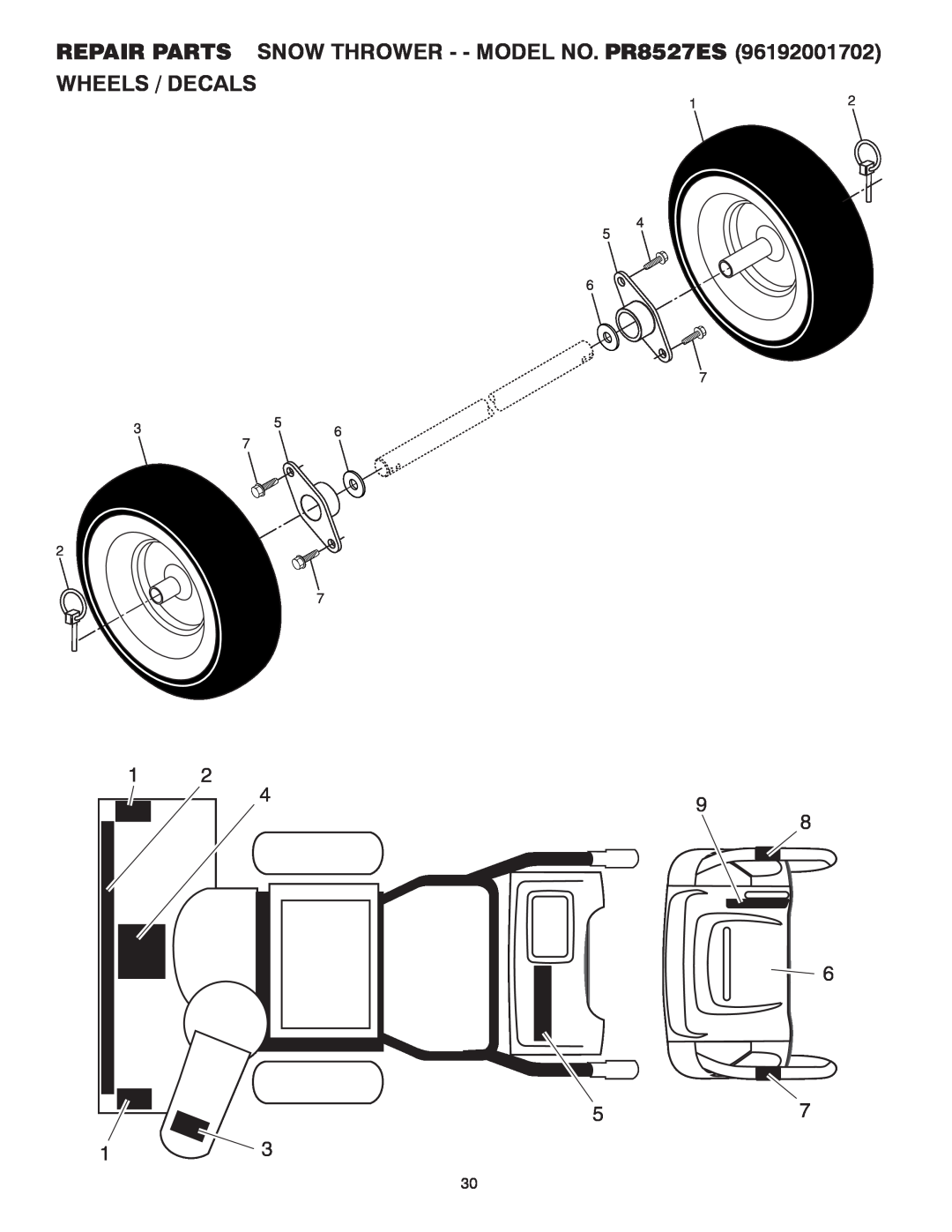 Poulan 416810 owner manual Wheels / Decals, REPAIR PARTS SNOW THROWER - - MODEL NO. PR8527ES, 8 6 