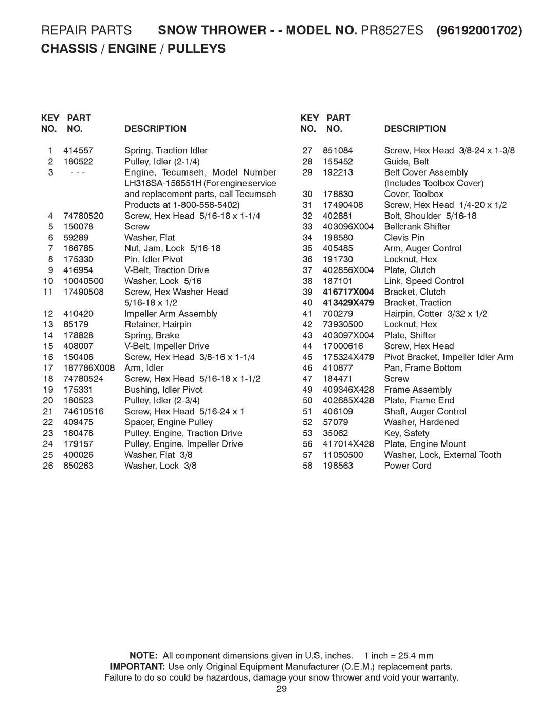 Poulan 416810 owner manual KEY Part Description, 416717X004, 413429X479 