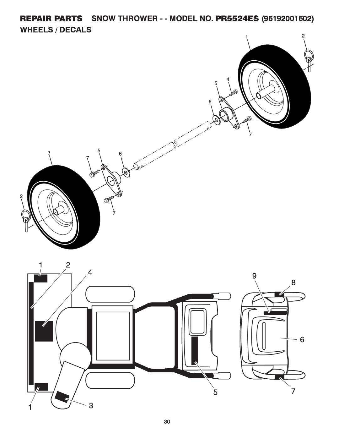 Poulan 416829 owner manual Wheels / Decals, REPAIR PARTS SNOW THROWER - - MODEL NO. PR5524ES 