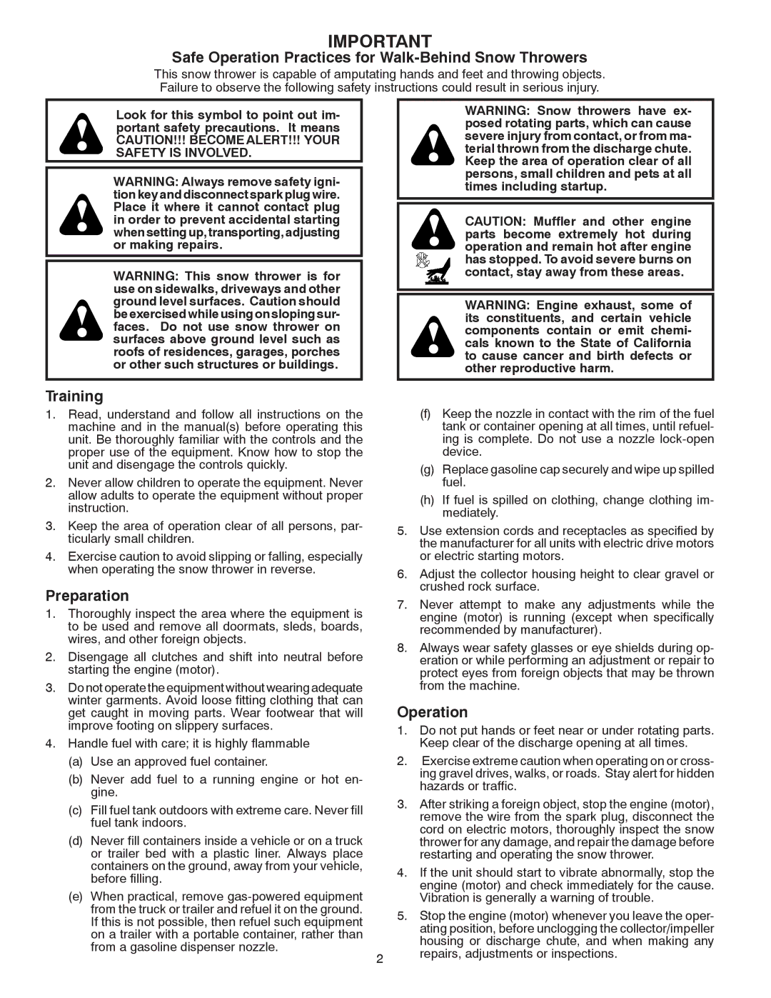 Poulan 416829 owner manual Safe Operation Practices for Walk-Behind Snow Throwers 