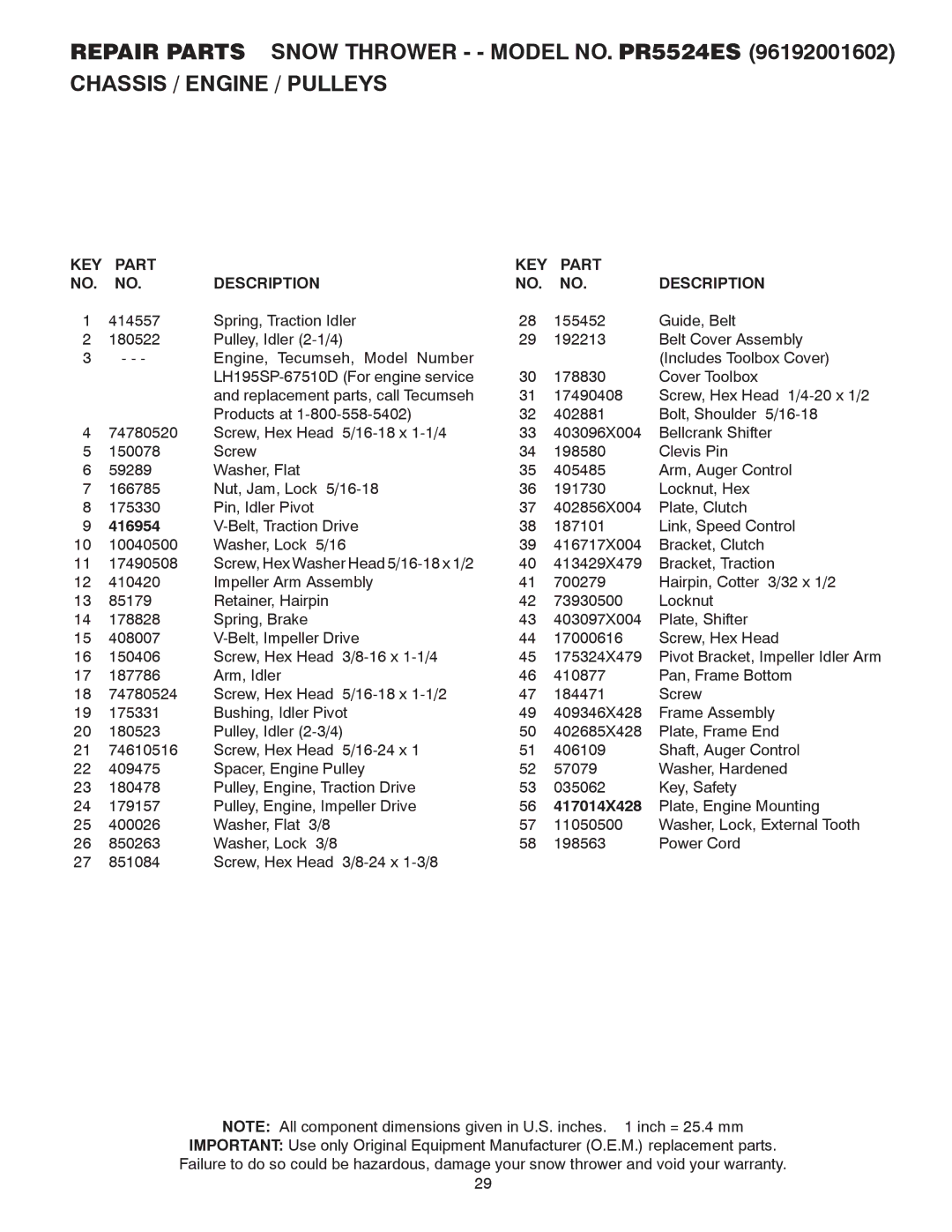 Poulan 416829 owner manual KEY Part Description, 416954, 417014X428 