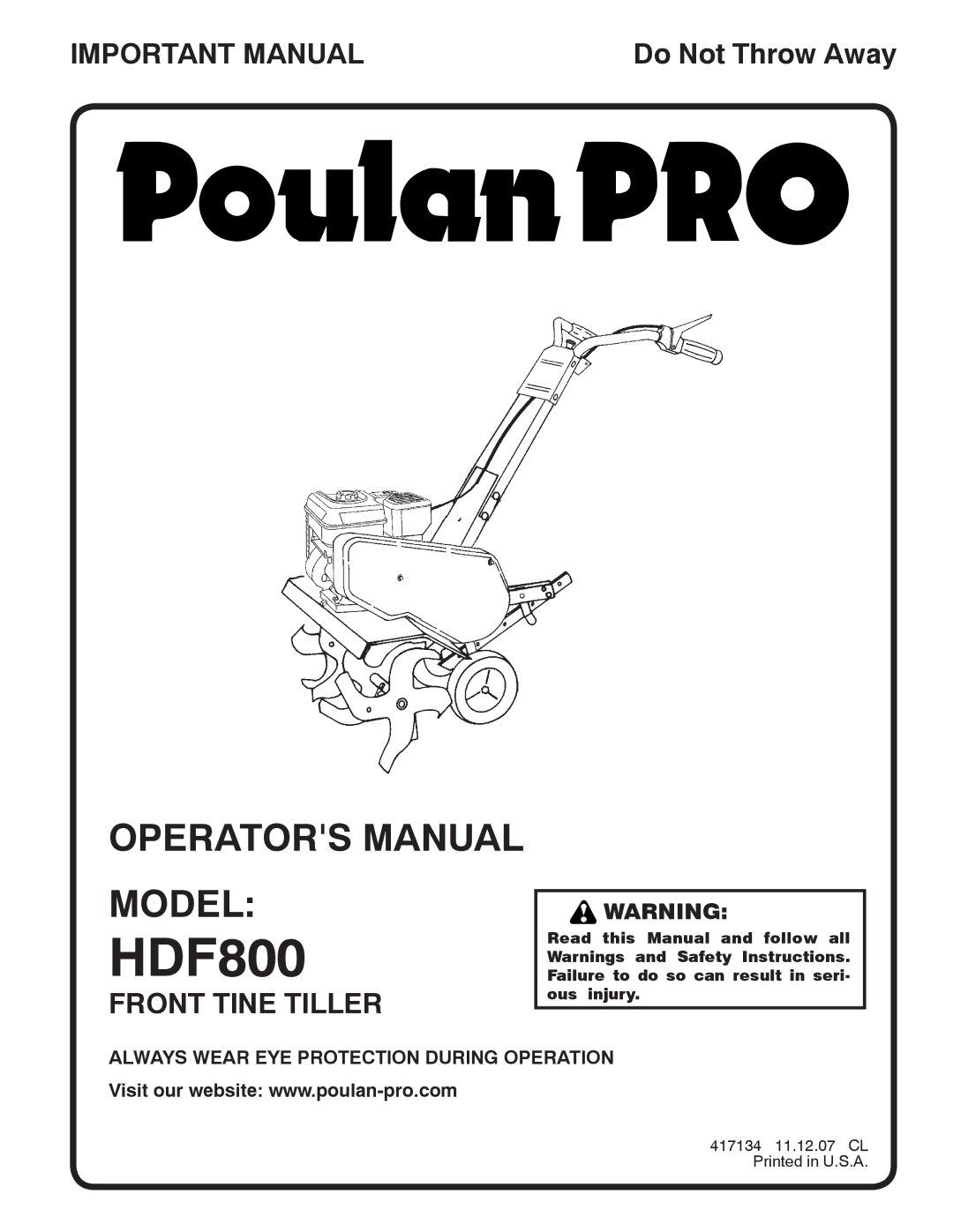 Poulan 96082000900, 417134 manual HDF800, Operators Manual Model 