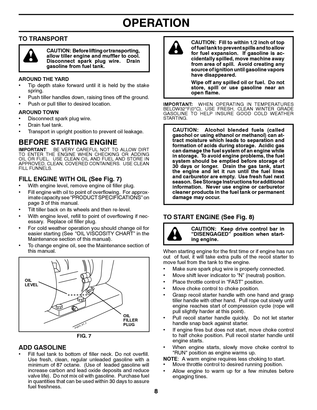 Poulan 417134 Before Starting Engine, To Transport, Fill Engine with OIL See Fig, ADD Gasoline, To Start Engine See Fig 