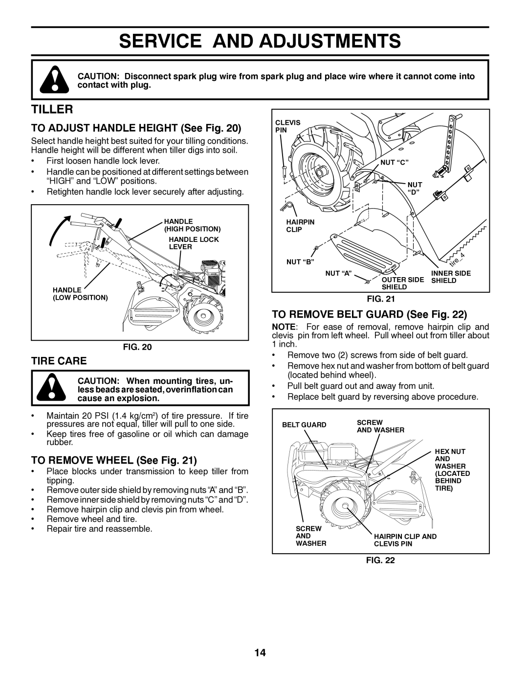 Poulan 417150, 96092001300 manual Service and Adjustments, Tiller, Tire Care 