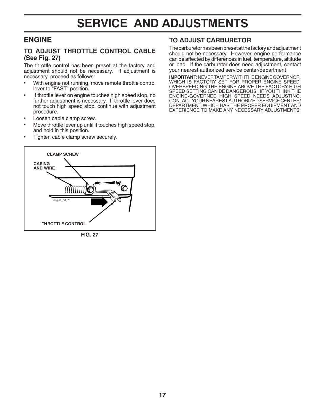 Poulan 96092001300, 417150 manual To Adjust Throttle Control Cable See Fig, To Adjust Carburetor 