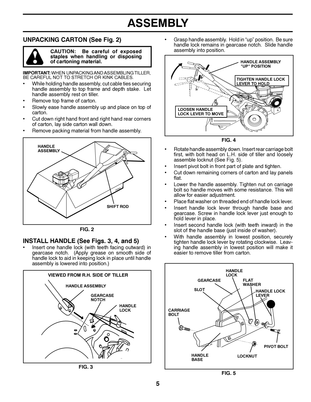 Poulan 96092001300, 417150 manual Unpacking Carton See Fig, Install Handle See Figs , 4 