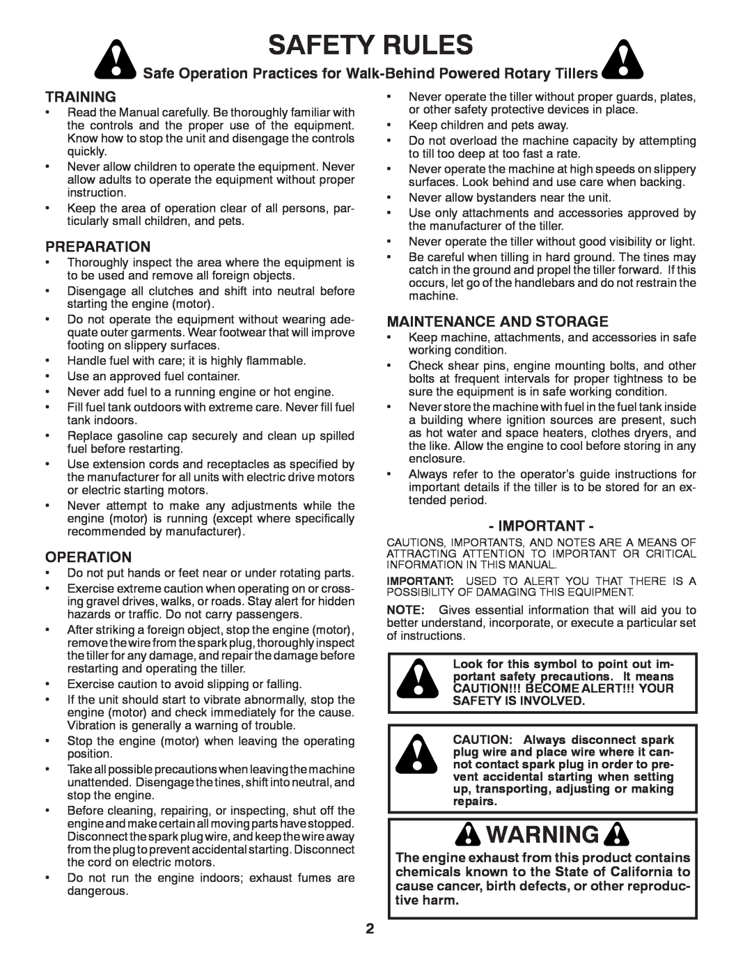 Poulan 417150 manual Safety Rules, Safe Operation Practices for Walk-Behind Powered Rotary Tillers, Training, Preparation 