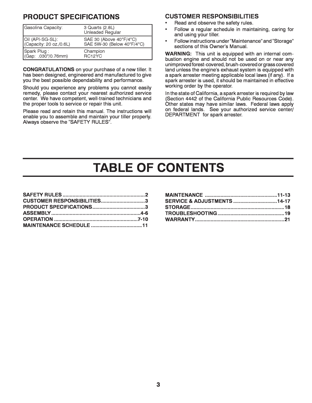 Poulan 96092001300, 417150 manual Table Of Contents, Product Specifications, Customer Responsibilities 