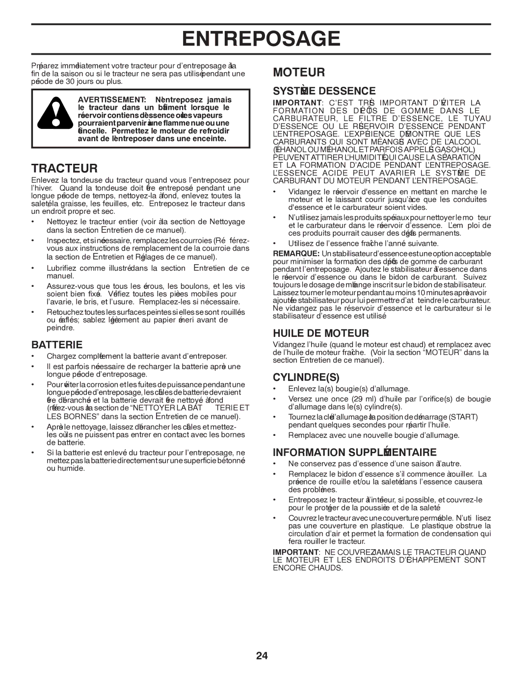 Poulan 417217 manual Entreposage, Moteur, Tracteur 