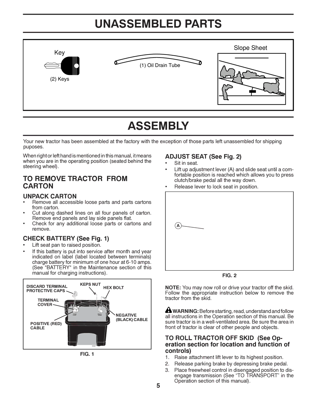 Poulan 417217 manual Unassembled Parts, Assembly, To Remove Tractor from Carton, Unpack Carton 