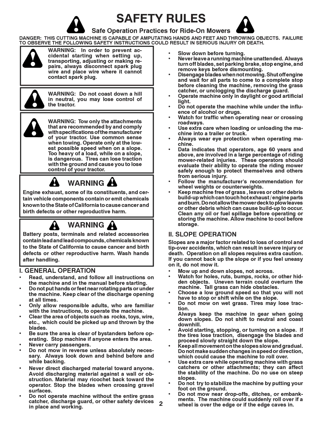 Poulan 417920 manual Safe Operation Practices for Ride-On Mowers, General Operation, II. Slope Operation 