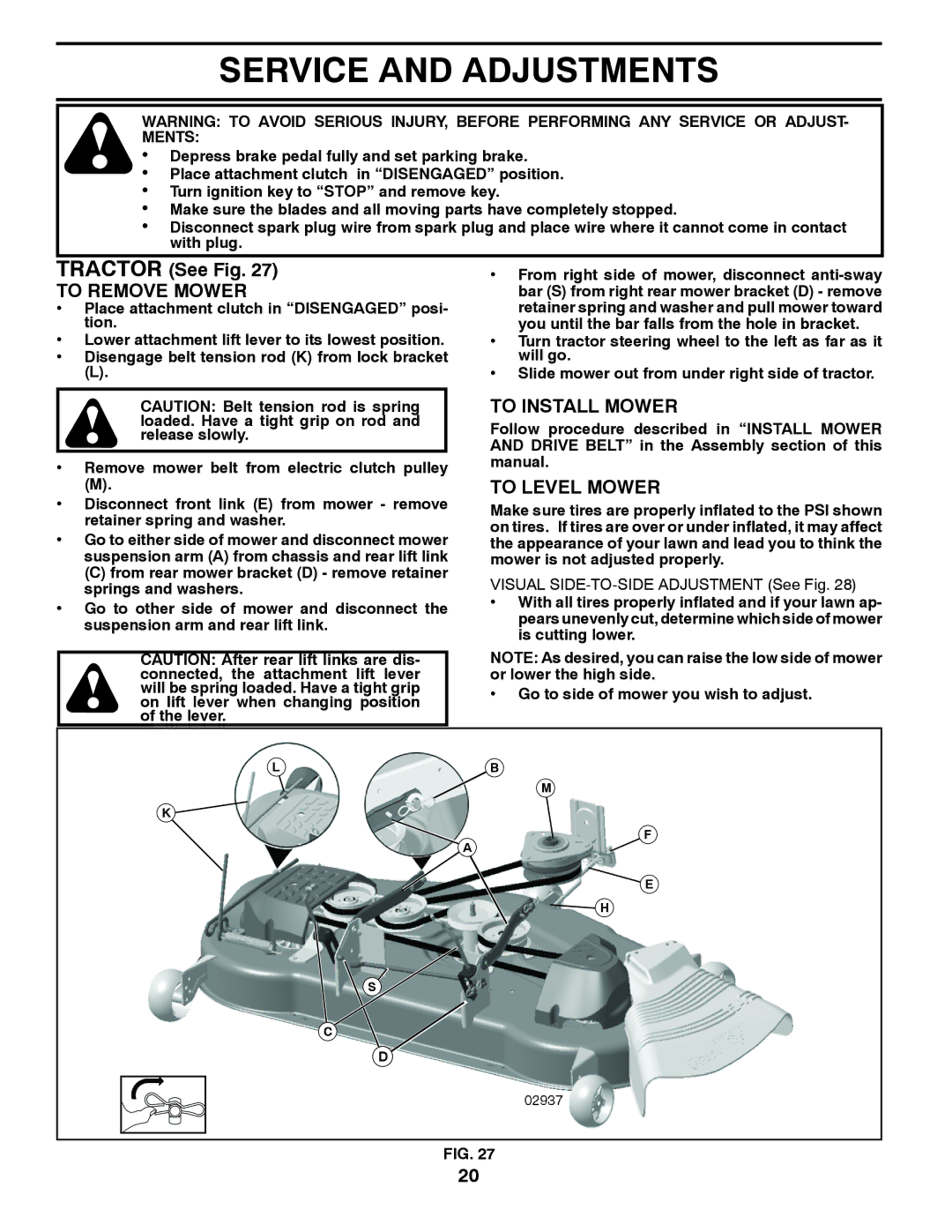 Poulan 417920 manual Tractor See Fig, To Remove Mower, To Install Mower, To Level Mower 