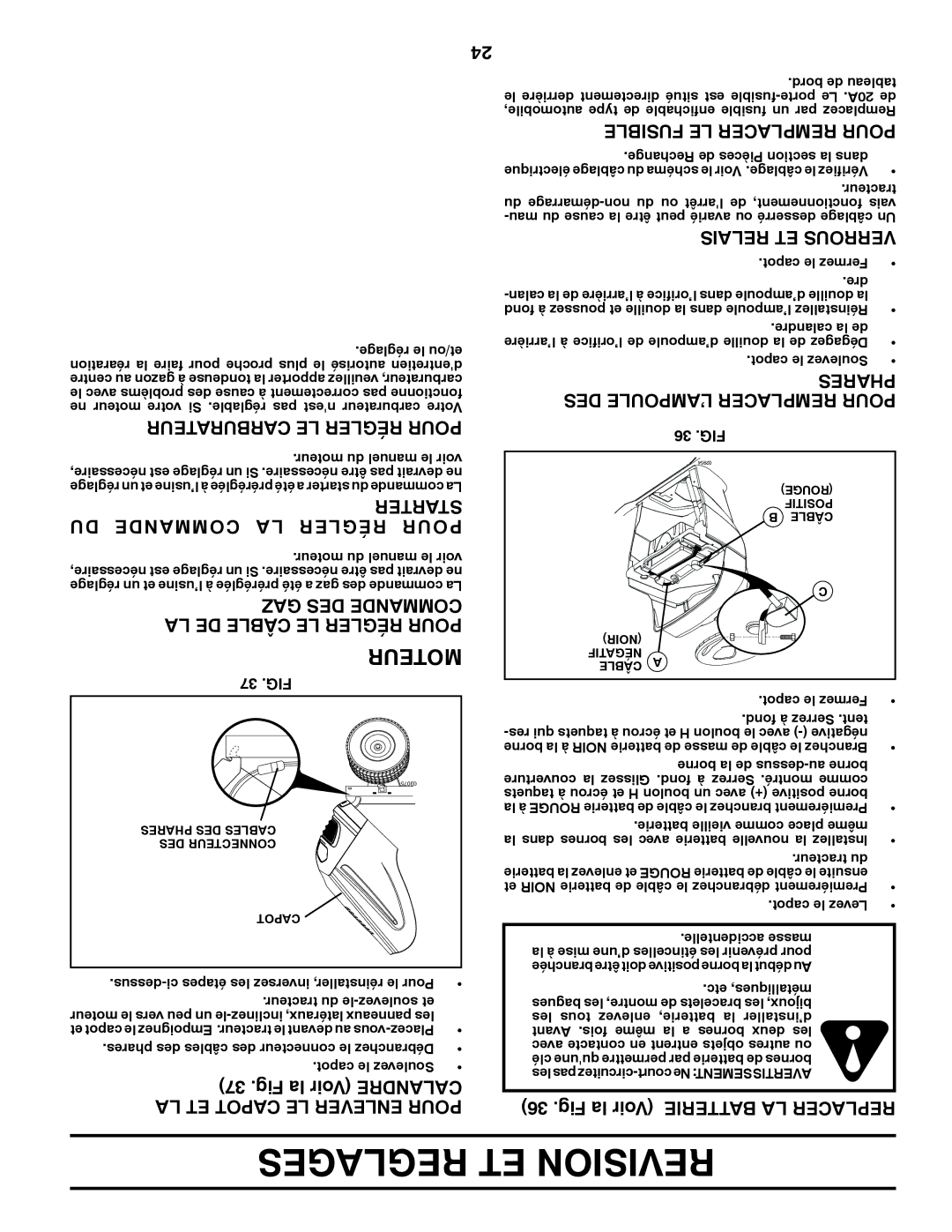 Poulan 417920 manual Reglages ET Revision, Carburateur LE Régler Pour, DU Commande LA Régler Pour, GAZ DES Commande 