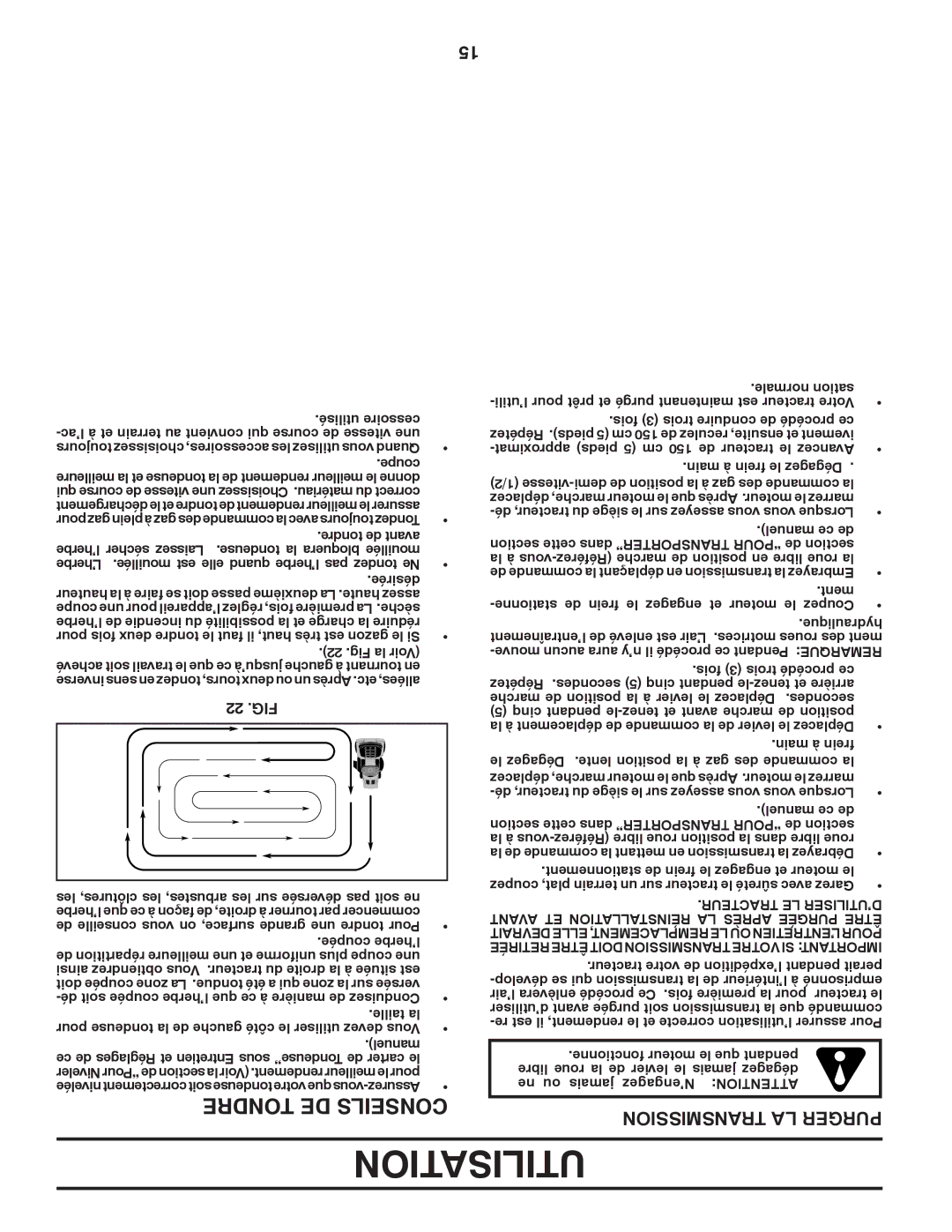 Poulan 417920 manual Utilisation, Transmission LA Purger, 22 .FIG 