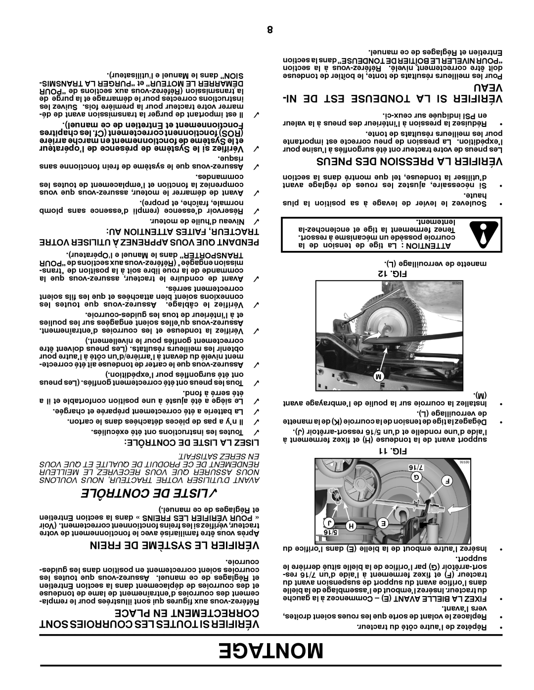 Poulan 417920 manual Montage, NI DE EST Tondeuse LA SI Vérifier 