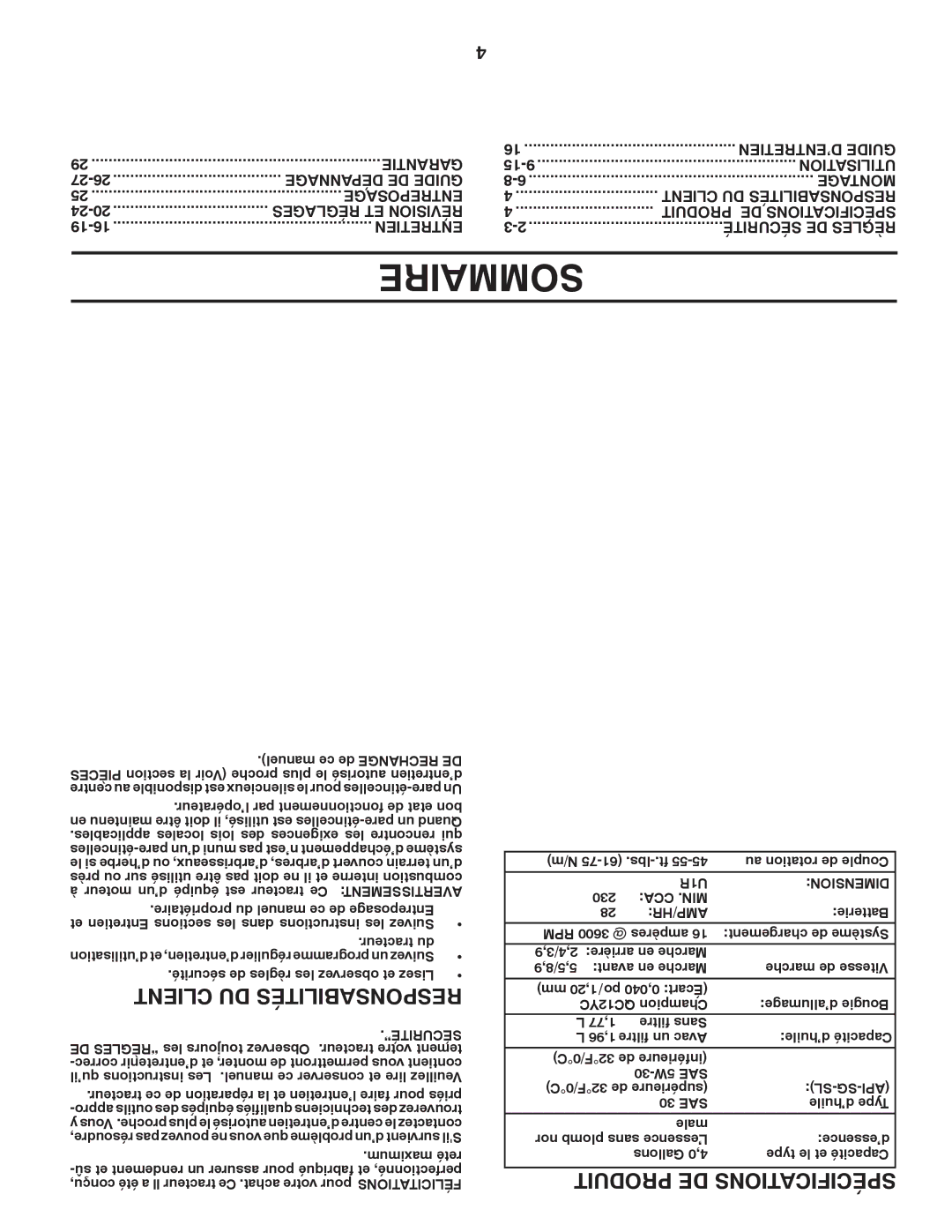 Poulan 417920 manual Sommaire, Garantie ’ENTRETIEN Guide, Utilisation, Réglages ET Révision Produit DE Spécifications 