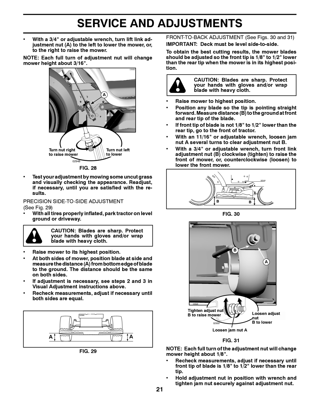 Poulan 417920 manual Service And Adjustments, PRECISION SIDE-TO-SIDE ADJUSTMENT See Fig, Turn nut left, Loosen adjust 