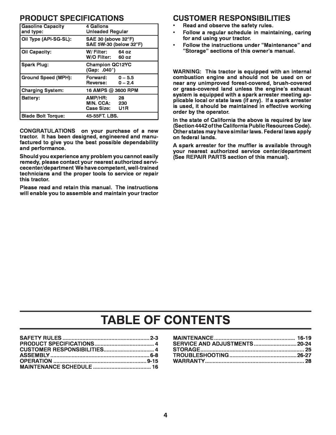 Poulan 417920 manual Table Of Contents, Product Specifications, Customer Responsibilities 