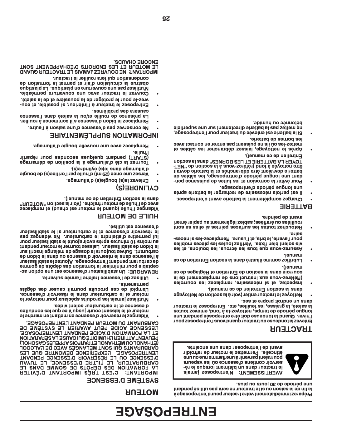 Poulan 417920 manual Entreposage, Tracteur, Supplémentaire Information, Cylindres, Moteur De Huile, D’Essence Système 