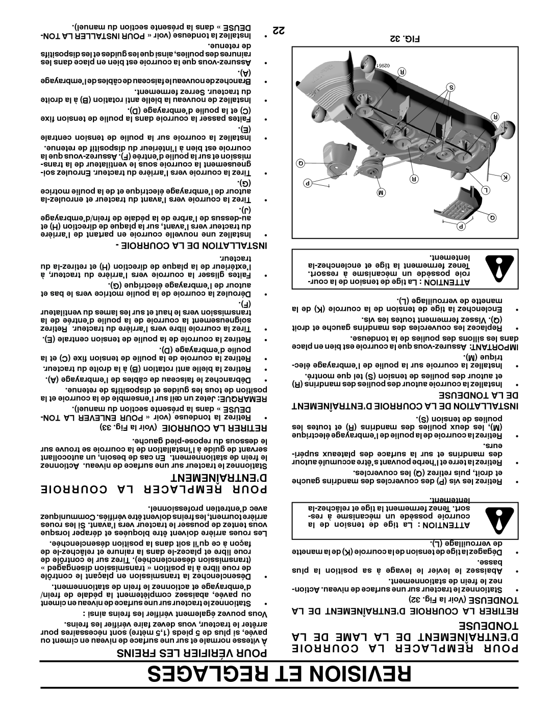 Poulan 417920 manual Courroie, Acer Rempl Pour, La De Lame La De D’Entraînement, Freins Les Vérifier Pour, Tondeuse 