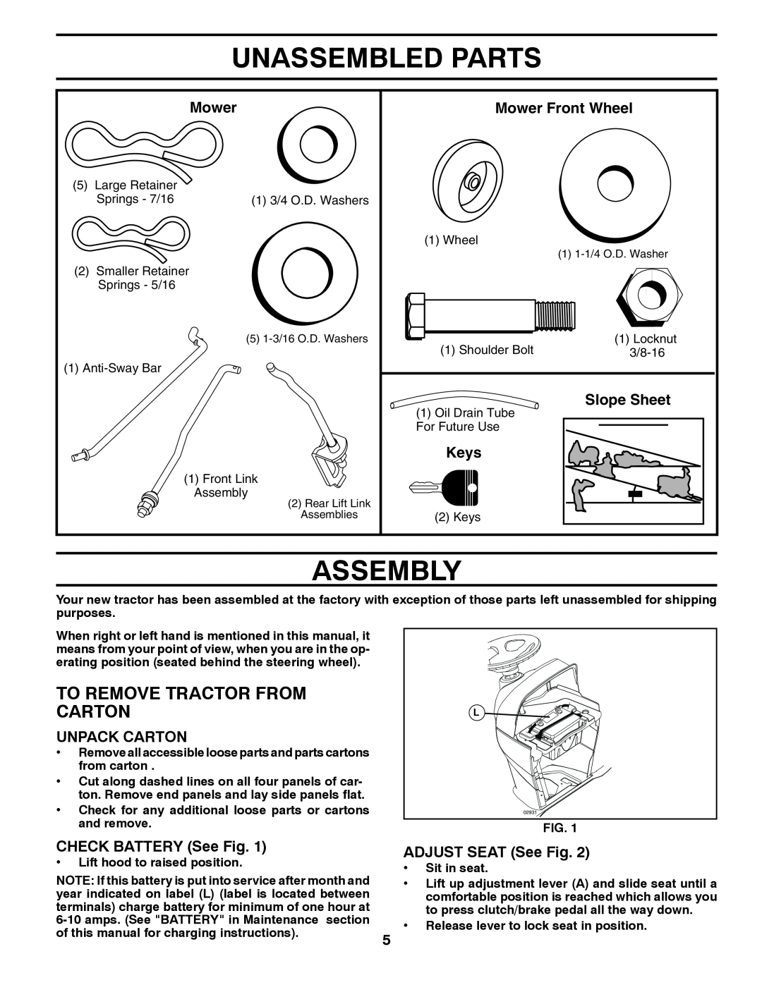 Poulan 417920 manual Unassembled Parts, Assembly, To Remove Tractor From Carton, Mower Front Wheel, Slope Sheet, Keys 
