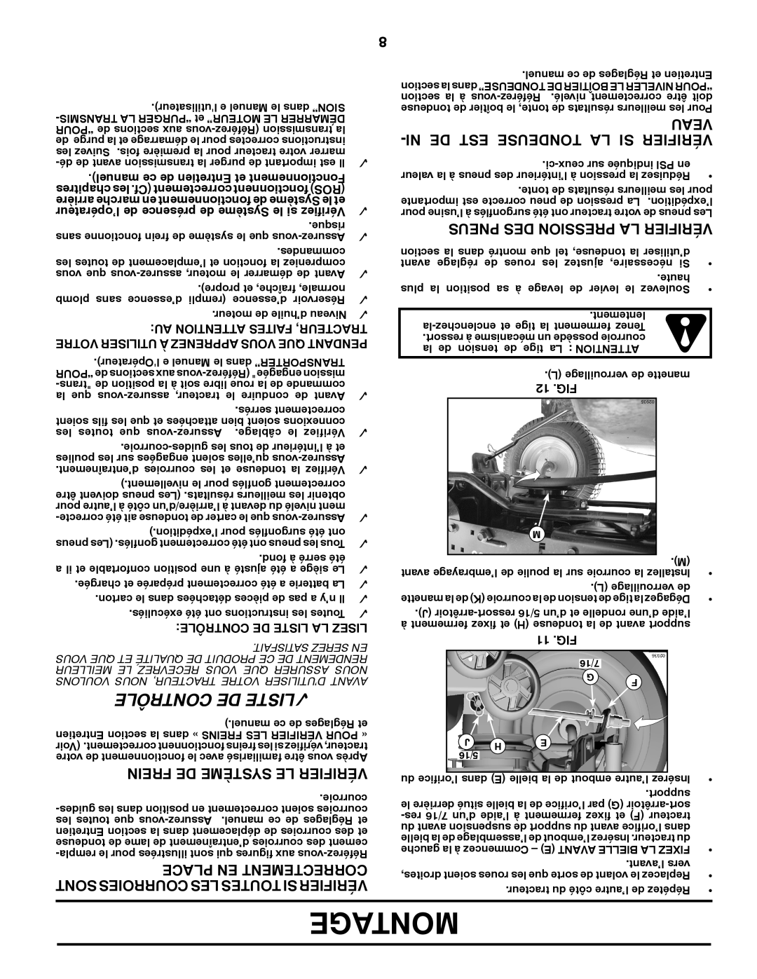 Poulan 417920 manual Montage, Contrôle De Liste, Ni De Est Tondeuse La Si Vérifier, Frein De Système Le Vérifier, Veau 