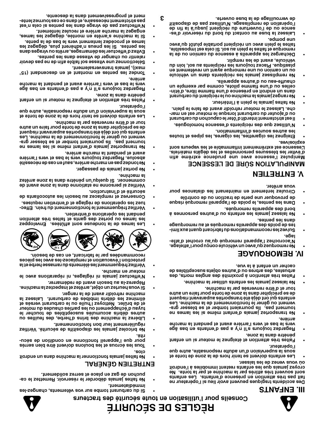 Poulan 417920 manual Sécurité De Règles, Remorquage, Enfants, Général Entretien, tracteurs des sécurité toute 