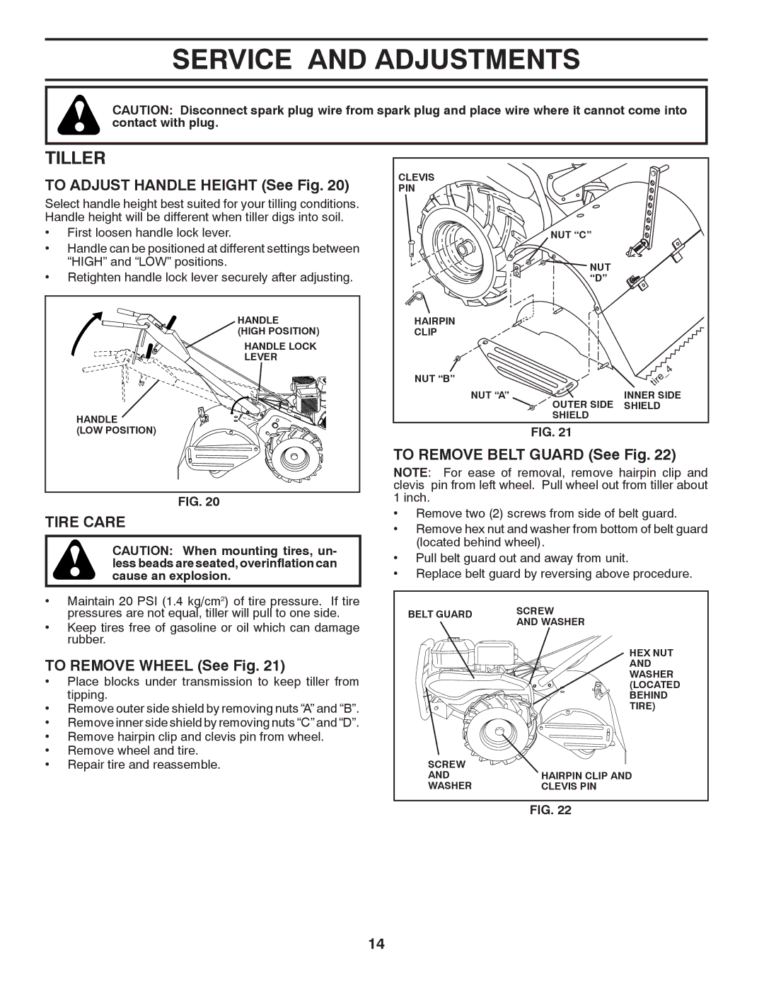 Poulan 418121, 96092001500 manual Service and Adjustments, Tiller, Tire Care 