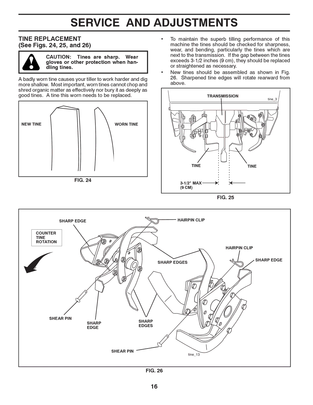 Poulan 418121, 96092001500 manual Tine Replacement See Figs , 25 