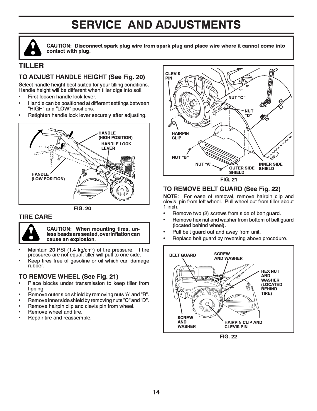 Poulan 418121 manual Service And Adjustments, Tiller, TO ADJUST HANDLE HEIGHT See Fig, Tire Care, TO REMOVE WHEEL See Fig 