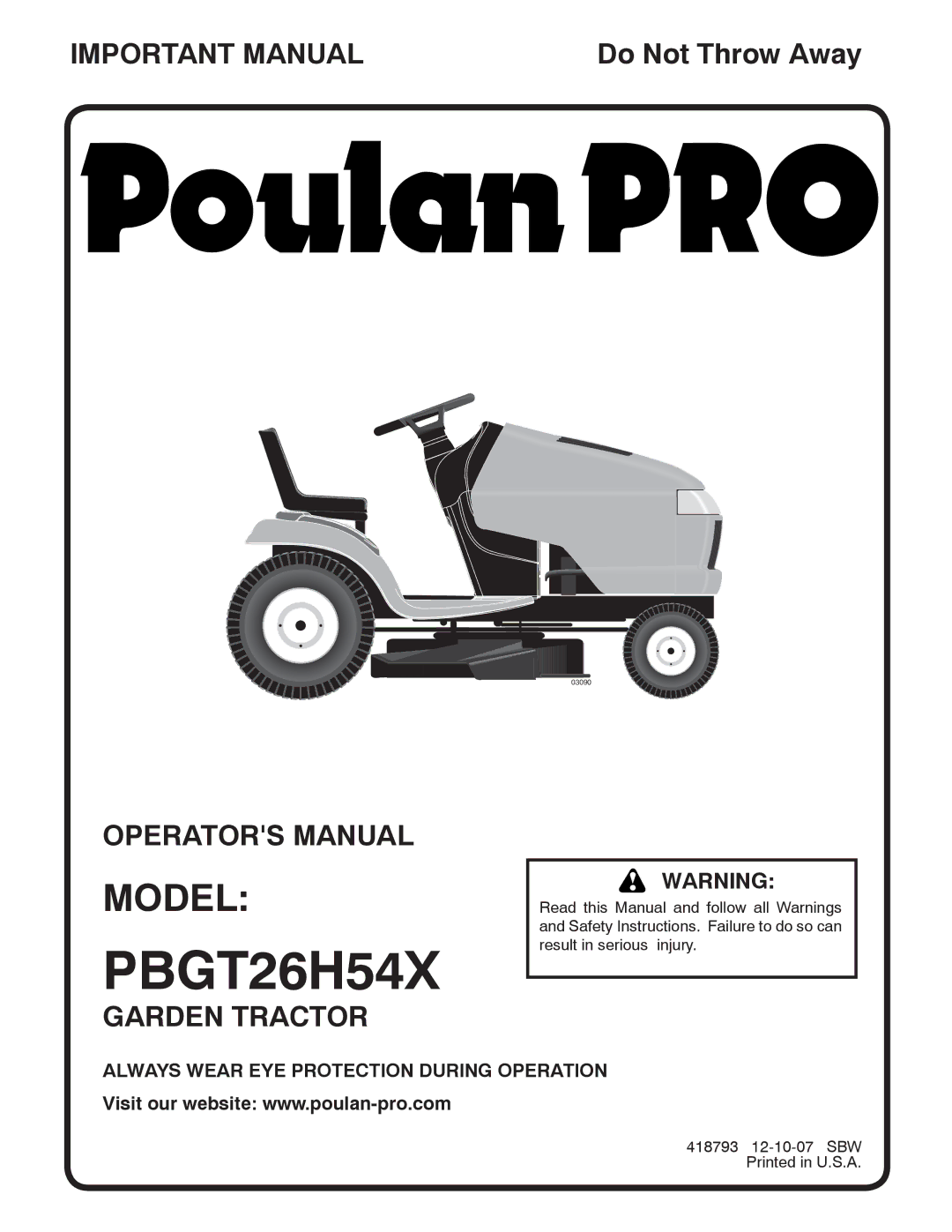 Poulan 418793 manual PBGT26H54X 