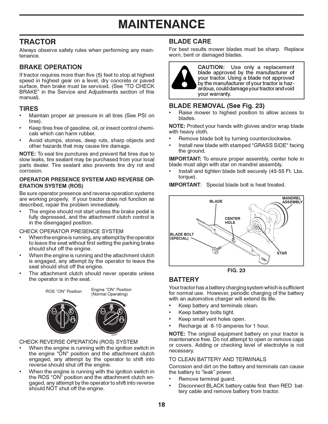 Poulan 418793 manual Tractor, Brake Operation, Tires, Blade Care, Battery 