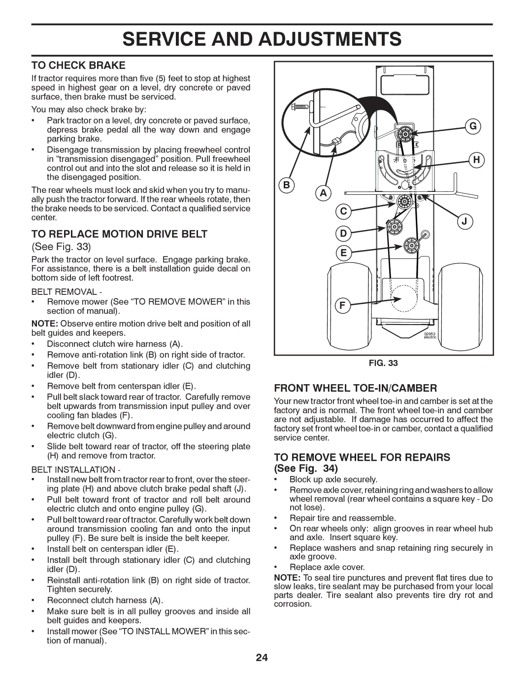 Poulan 418793 To Check Brake, To Replace Motion Drive Belt, Front Wheel TOE-IN/CAMBER, To Remove Wheel for Repairs See Fig 