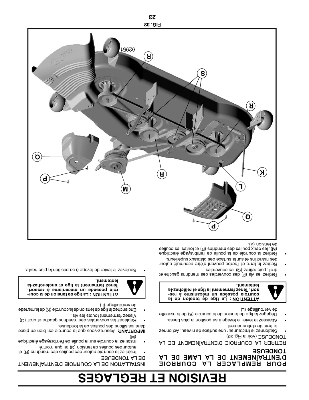 Poulan 418793 manual LA DE Lame LA DE D’ENTRAÎNEMENT, Courroie a L Acer Rempl Pour, Tondeuse, 23 32 .FIG 