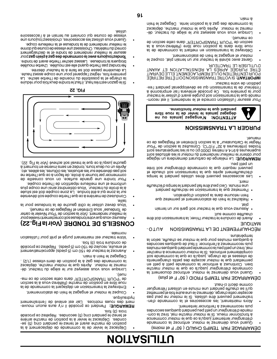 Poulan 418793 manual Utilisation, Transmission LA Purger, 22 .FIG, Tracteur LE D’UTILISER 