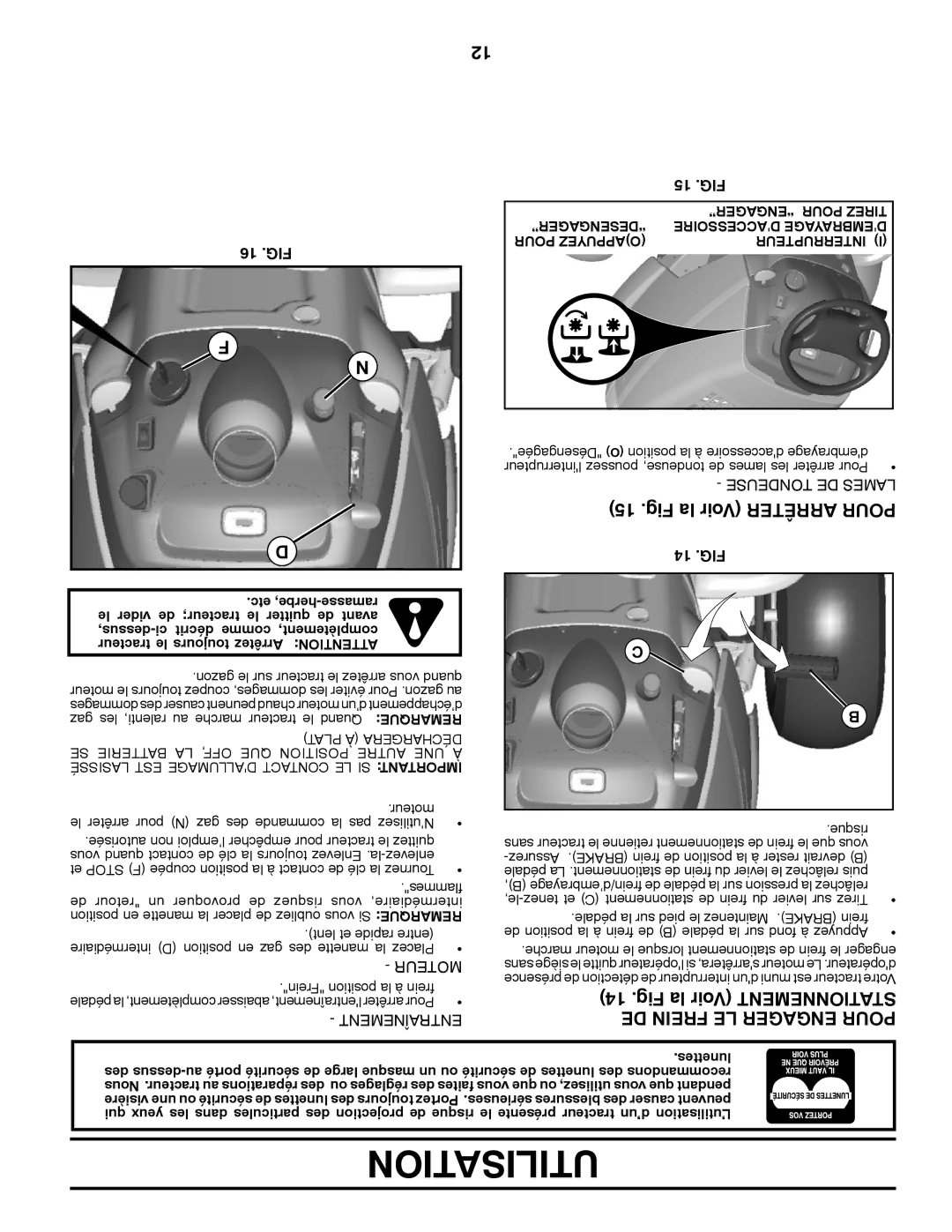 Poulan 418793 Fig la Voir Arrêter Pour, Fig la Voir Mentnetionsta DE Frein LE Engager Pour, 16 .FIG, 15 .FIG, 14 .FIG 