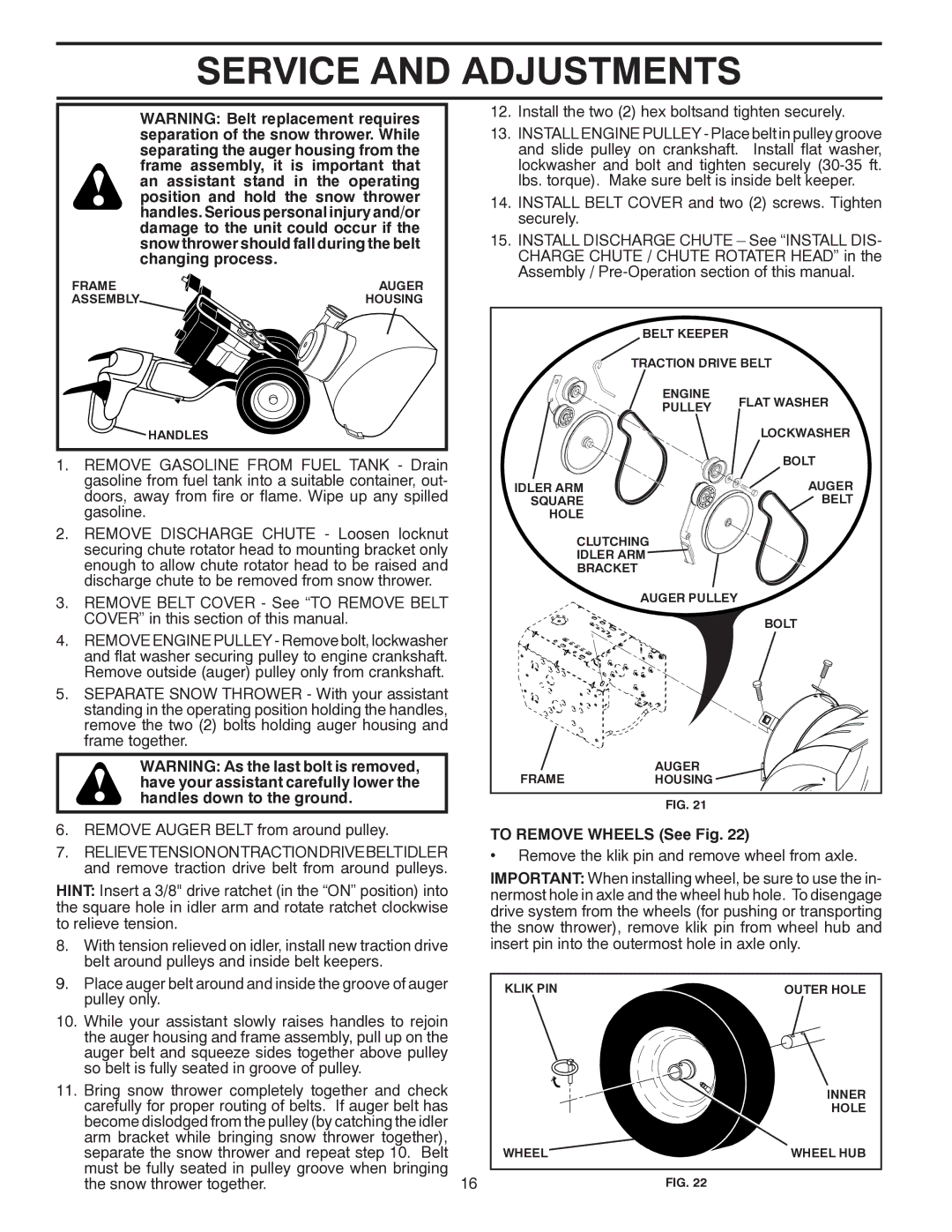 Poulan 418962 owner manual To Remove Wheels See Fig 