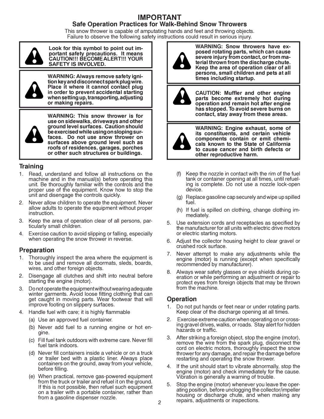 Poulan 418962 owner manual Safe Operation Practices for Walk-Behind Snow Throwers 