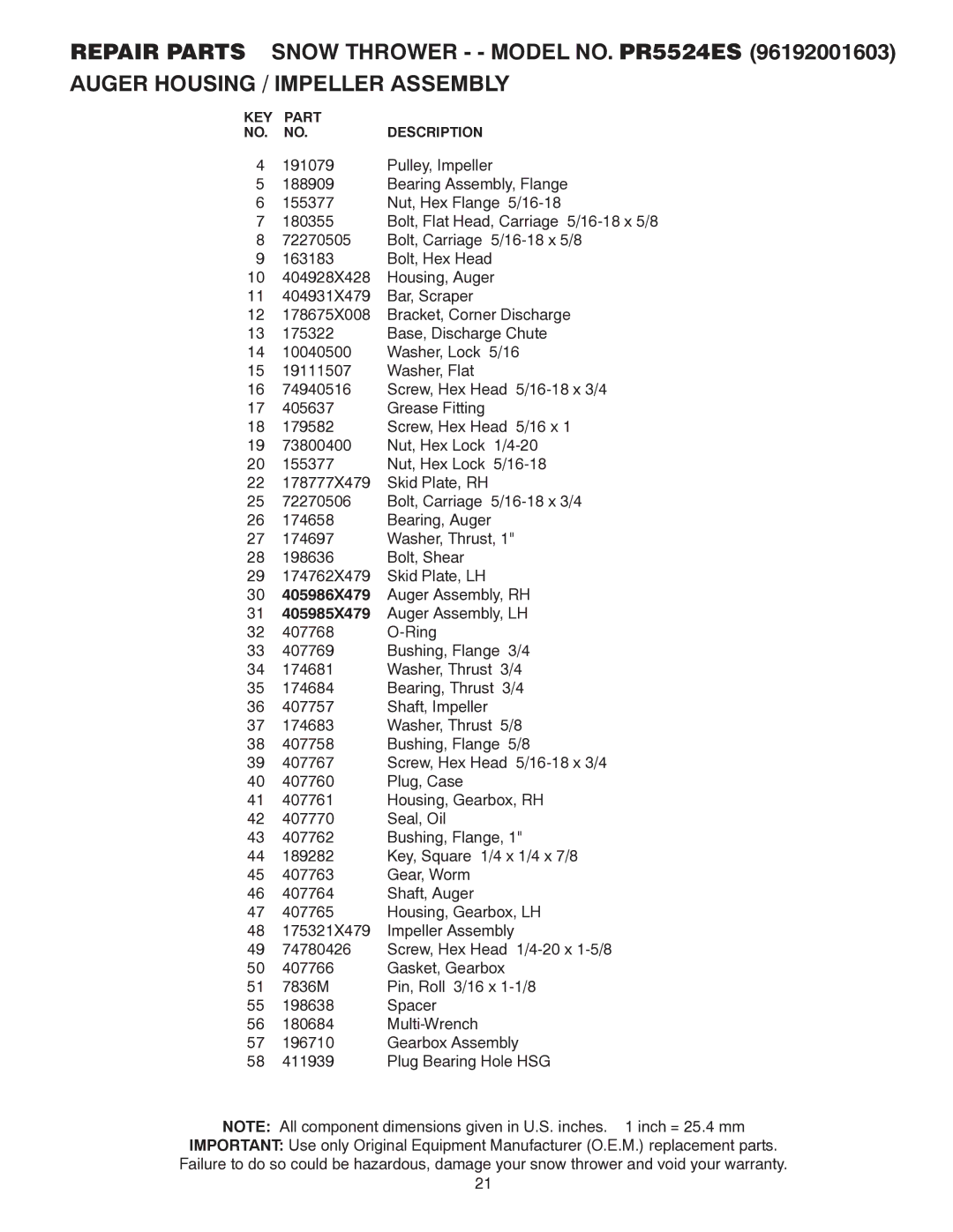 Poulan 418962 owner manual KEY Part Description 