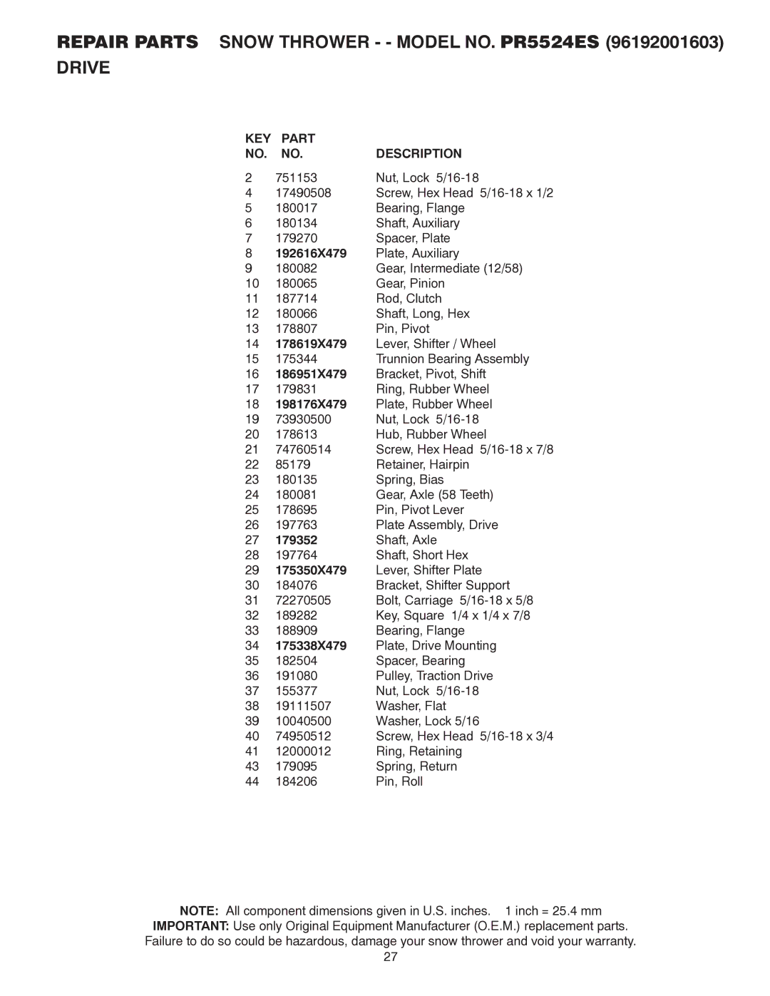 Poulan 418962 owner manual KEY Part Description 